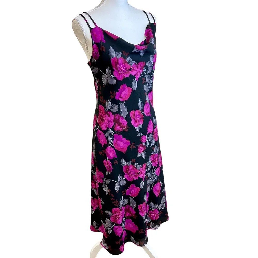 NEW YORK COMPANY Y2K 90s Black‎ Floral Midi Slip Dress Cowl 6 Beaded Phoebe